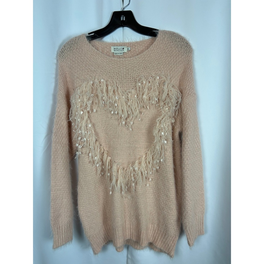Molly Bracken Girlhoodcore Peach Pink Heart Eyelash Fringe Knit Sweater M/L